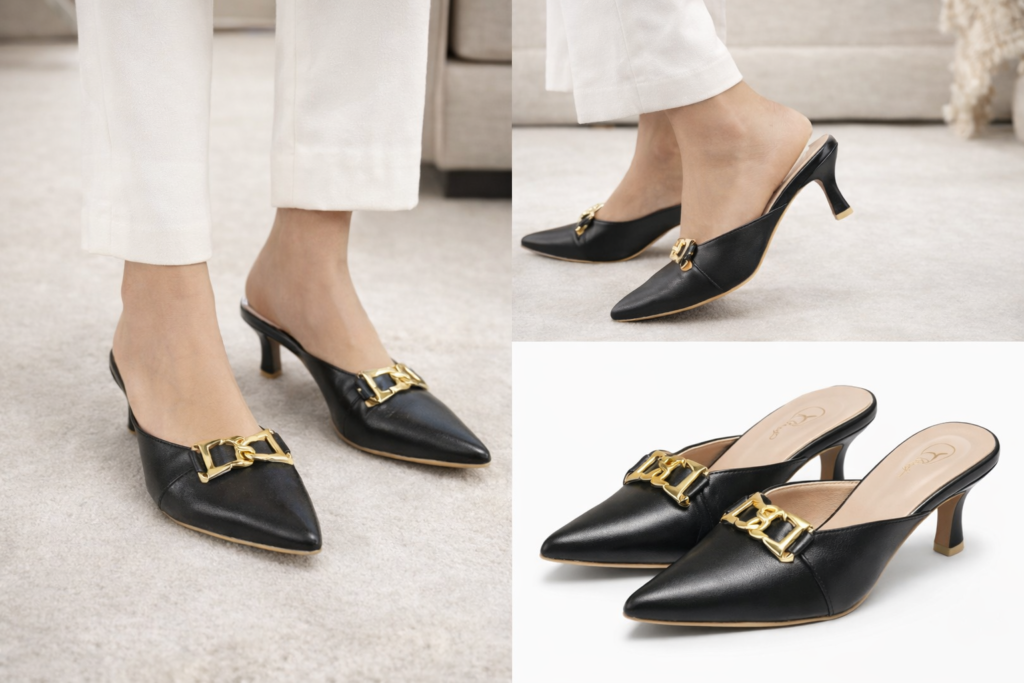 POINTED MULE DOLAR Pointed Mule Dollar – Black Elegant Kitten Heel Slip-On