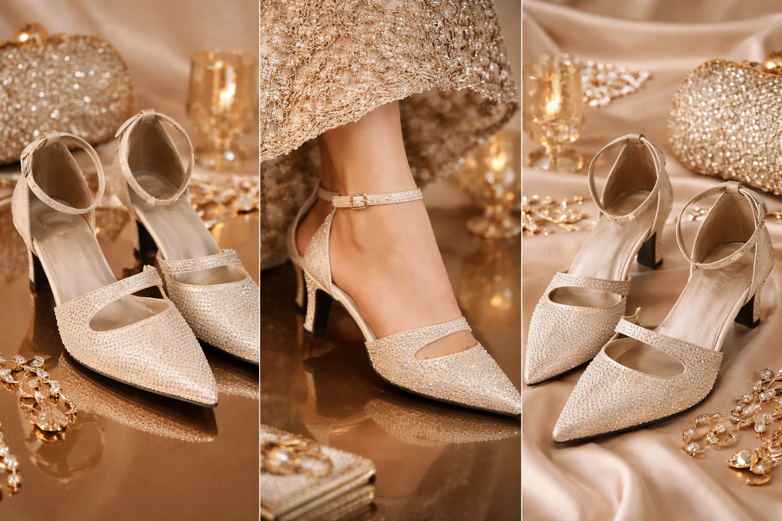 Crystal Stone Cream Belly Heels for Women
