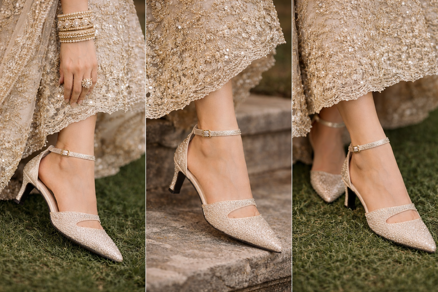 Crystal Stone Cream Belly Heels for Women