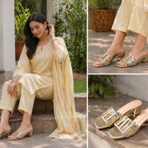 Blush Golden Heels – Elegant Metallic Slip-On Block Heels for Women