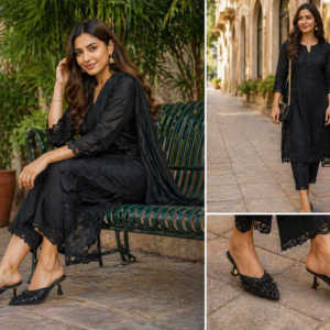 black embellished heels, floral mule heels, designer black heels, women party heels, ethnic footwear women, pointed toe mules, stylish black heels, wedding footwear women, elegant heels India, SoleGrace heels