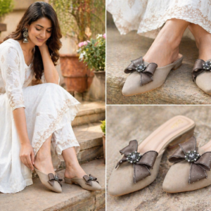 Mocha Grace Bow Mules – Elegant Embellished Slip-On Flats for Women