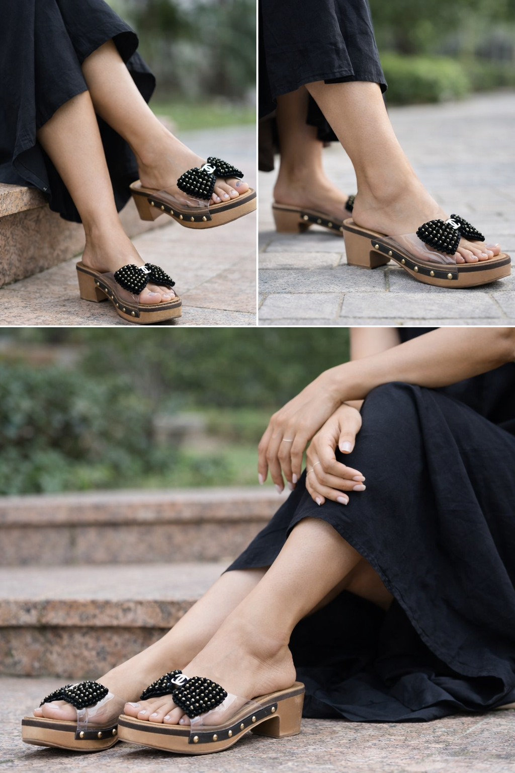 Black Bow Transparent Strap Wedges