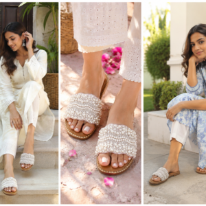 tep into effortless elegance with these beautifully crafted pearl embellished slide sandals. Designed with intricate hand-placed pearl detailing, these slides add a luxurious touch to your everyday and festive outfits. The soft cushioned sole ensures all-day comfort, while the open-toe design keeps your look light and stylish. Perfect for pairing with ethnic wear like kurtas and sarees or even modern outfits, these slides are your go-to choice for weddings, brunches, and casual outings. The subtle metallic base enhances the overall sophistication, making them a must-have addition to your footwear collection. Key Features: Premium pearl embellishment design Comfortable cushioned footbed Lightweight and easy slip-on style Durable sole for everyday wear Ideal for festive, ethnic & casual looks