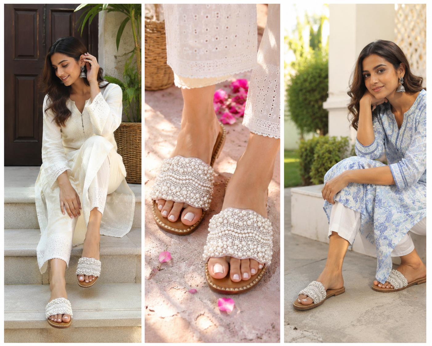 tep into effortless elegance with these beautifully crafted pearl embellished slide sandals. Designed with intricate hand-placed pearl detailing, these slides add a luxurious touch to your everyday and festive outfits. The soft cushioned sole ensures all-day comfort, while the open-toe design keeps your look light and stylish. Perfect for pairing with ethnic wear like kurtas and sarees or even modern outfits, these slides are your go-to choice for weddings, brunches, and casual outings. The subtle metallic base enhances the overall sophistication, making them a must-have addition to your footwear collection. Key Features: Premium pearl embellishment design Comfortable cushioned footbed Lightweight and easy slip-on style Durable sole for everyday wear Ideal for festive, ethnic & casual looks