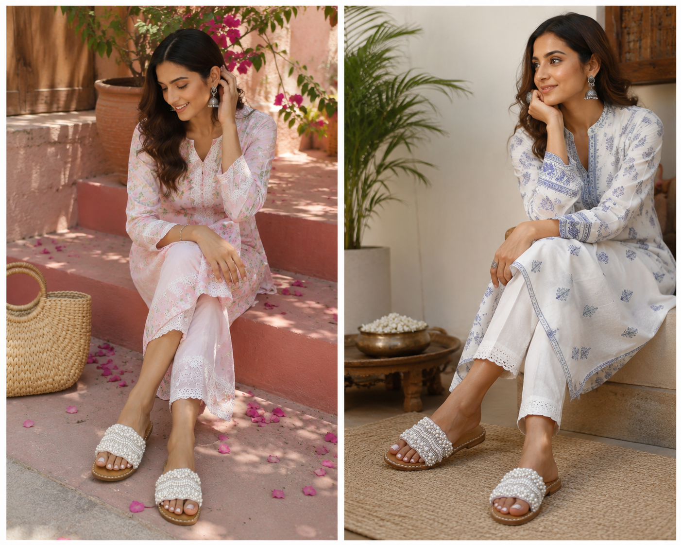 tep into effortless elegance with these beautifully crafted pearl embellished slide sandals. Designed with intricate hand-placed pearl detailing, these slides add a luxurious touch to your everyday and festive outfits. The soft cushioned sole ensures all-day comfort, while the open-toe design keeps your look light and stylish. Perfect for pairing with ethnic wear like kurtas and sarees or even modern outfits, these slides are your go-to choice for weddings, brunches, and casual outings. The subtle metallic base enhances the overall sophistication, making them a must-have addition to your footwear collection. Key Features: Premium pearl embellishment design Comfortable cushioned footbed Lightweight and easy slip-on style Durable sole for everyday wear Ideal for festive, ethnic & casual looks