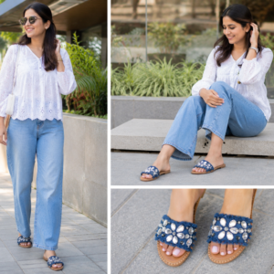 Denim Embedded Flats for Women – Handcrafted Rhinestone Embellished