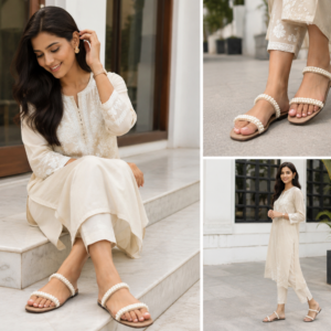 Pearl Blossom Flats for Women – Elegant Beige Pearl Embellished Slip-On Sandals