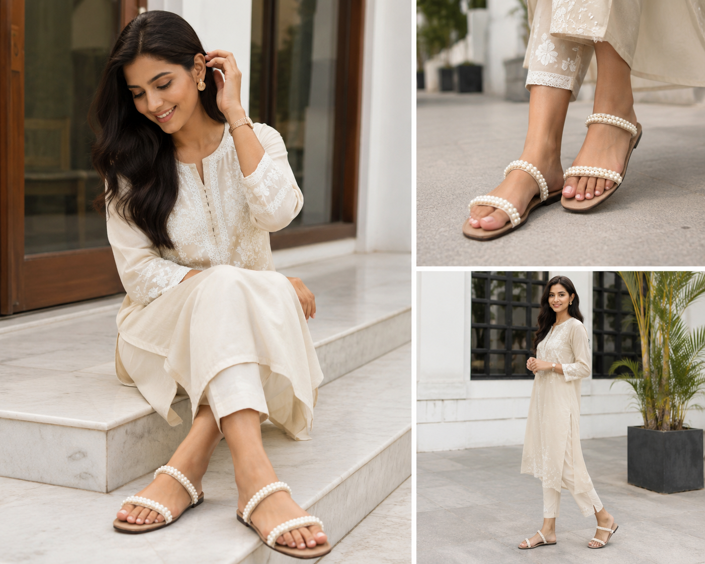 Pearl Blossom Flats for Women – Elegant Beige Pearl Embellished Slip-On Sandals