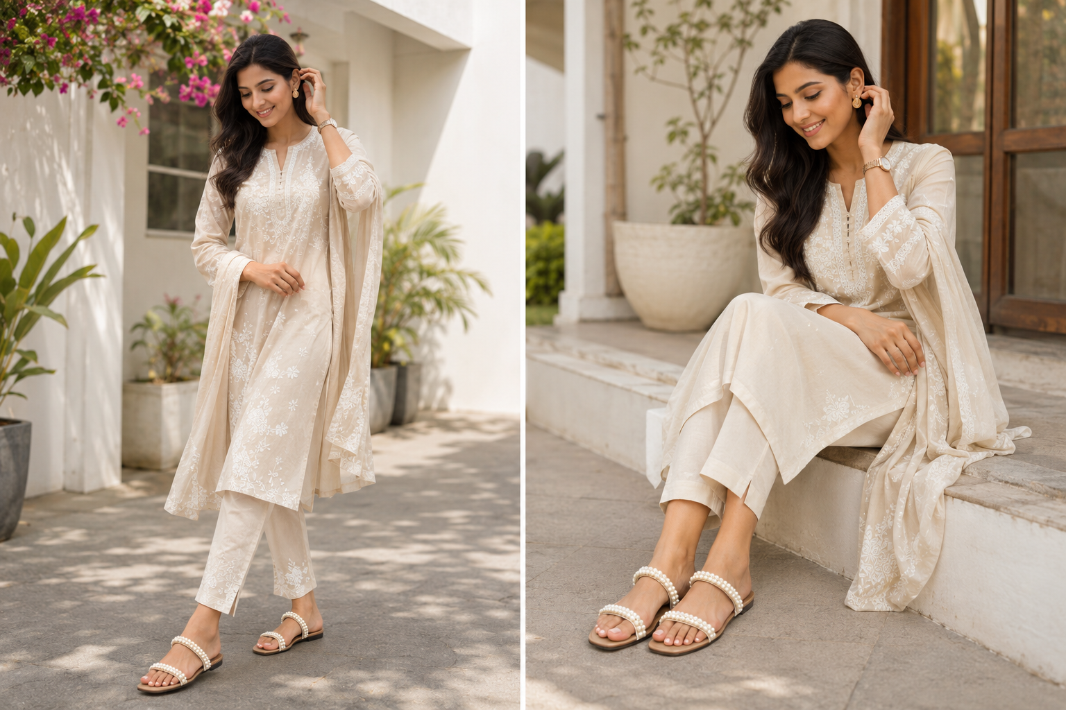 Pearl Blossom Flats for Women – Elegant Beige Pearl Embellished Slip-On Sandals