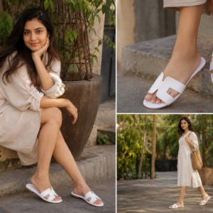 Step into effortless style with our Chic White Slides, designed for modern women who value both comfort and elegance. These minimalist slip-on sandals feature a sleek cut-out strap design that adds a premium touch while keeping your look fresh and versatile. Crafted with a soft, cushioned sole and lightweight construction, these slides are perfect for all-day wear—whether you're heading out for a casual day, running errands, or styling a relaxed summer outfit. The clean white finish makes them easy to pair with dresses, jeans, or ethnic wear, making them a must-have addition to your footwear collection. Key Features Premium minimalist cut design Soft cushioned footbed for comfort Lightweight & easy slip-on style Durable sole for daily use Elegant white finish for versatile styling Perfect For Casual outings, travel, summer wear, daily use, brunch looks, vacation styling
