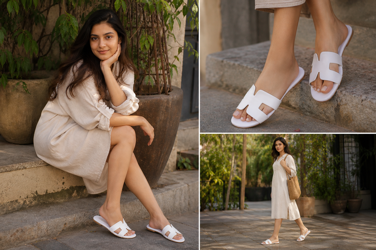 Step into effortless style with our Chic White Slides, designed for modern women who value both comfort and elegance. These minimalist slip-on sandals feature a sleek cut-out strap design that adds a premium touch while keeping your look fresh and versatile. Crafted with a soft, cushioned sole and lightweight construction, these slides are perfect for all-day wear—whether you're heading out for a casual day, running errands, or styling a relaxed summer outfit. The clean white finish makes them easy to pair with dresses, jeans, or ethnic wear, making them a must-have addition to your footwear collection. Key Features Premium minimalist cut design Soft cushioned footbed for comfort Lightweight & easy slip-on style Durable sole for daily use Elegant white finish for versatile styling Perfect For Casual outings, travel, summer wear, daily use, brunch looks, vacation styling