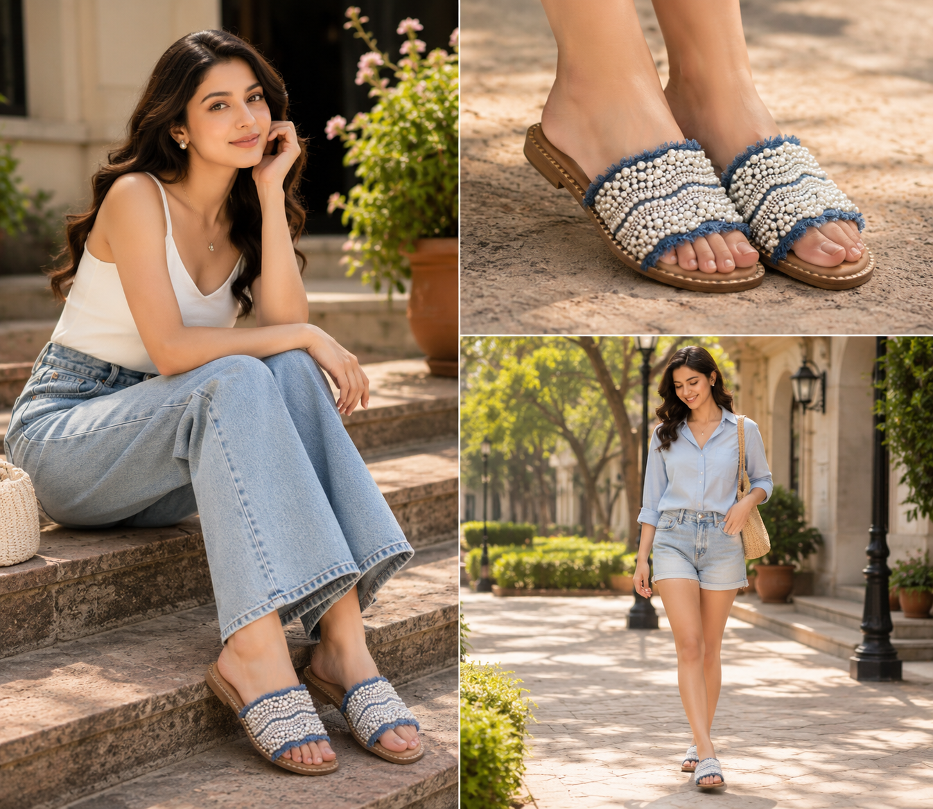 Boho Pearl Embellished Denim Flat Slides for Women