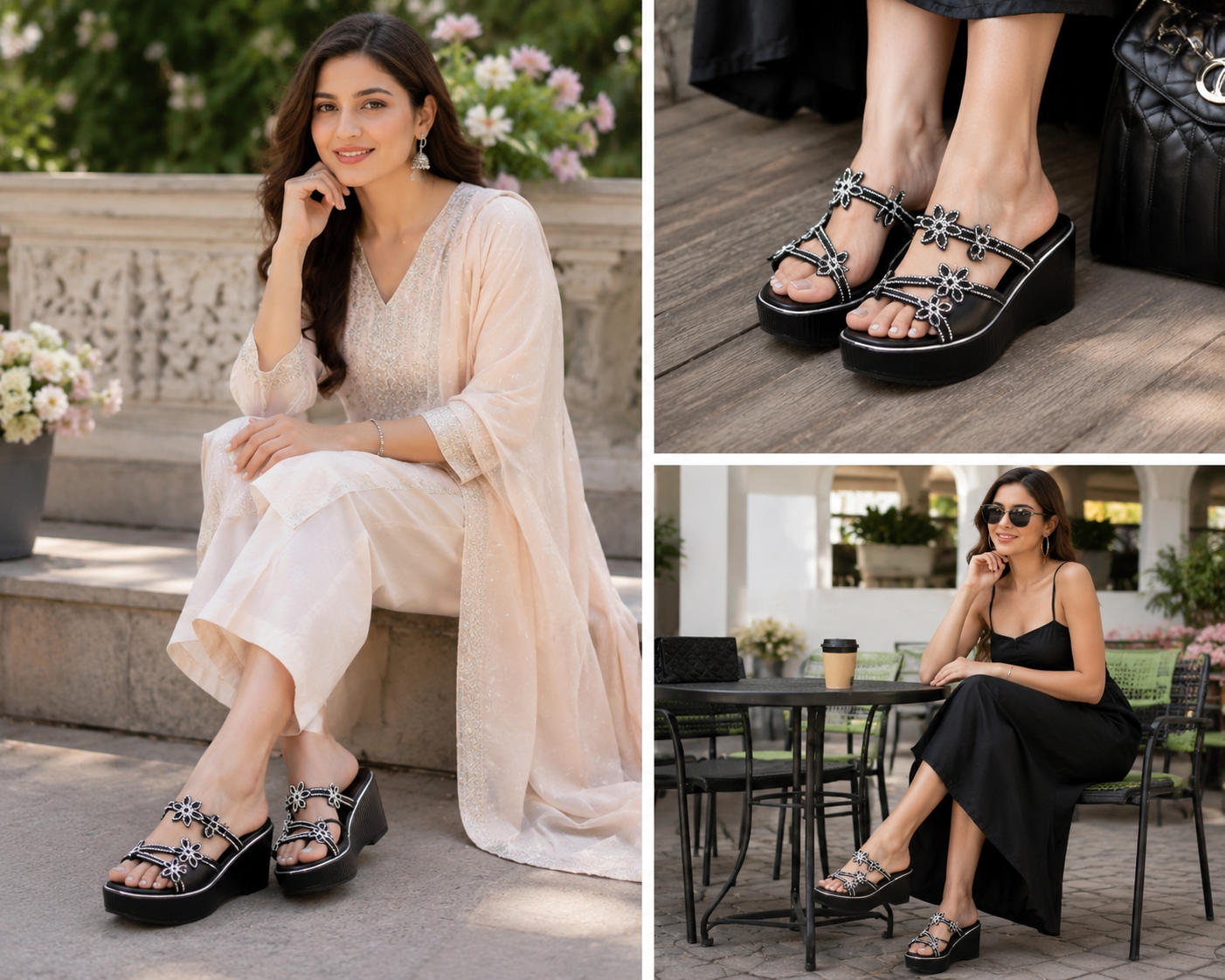 Floral black wedges for women