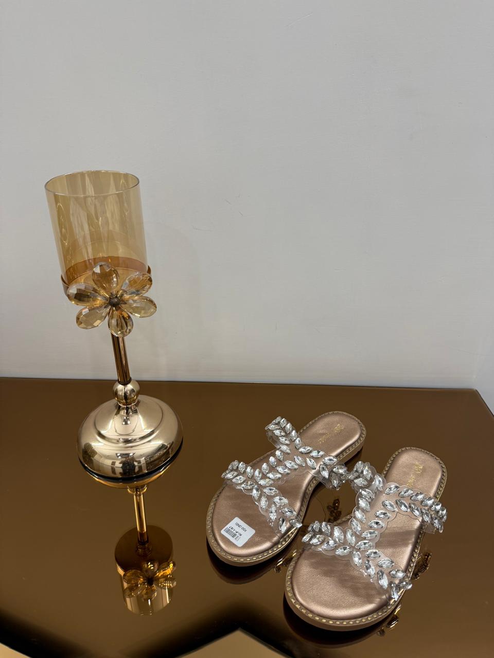 Luxury Crystal Embellished Rose Gold Flat Sandals for Women