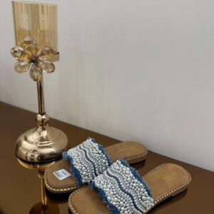 Boho Pearl Embellished Denim Flat Slides for Women
