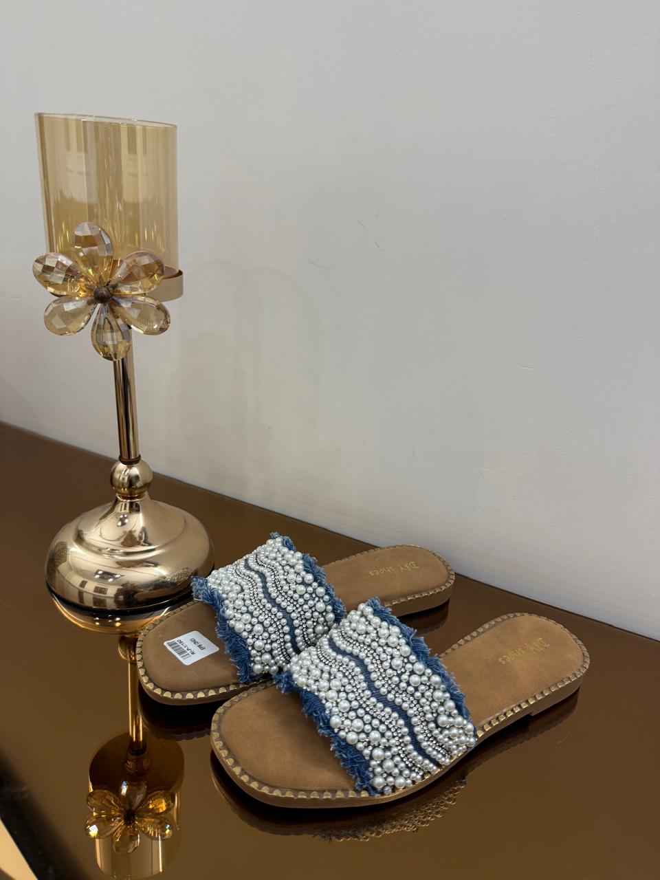 Boho Pearl Embellished Denim Flat Slides for Women